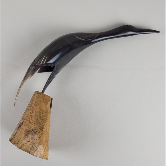 Crane Bird Hand Carved Horn Sculpture on Wood Base MCM Artist Marked - Picture 12 of 12